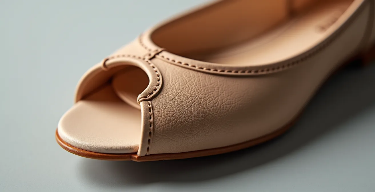 Detailaufnahme hochwertiger Ballerinas mit sichtbarem Fußbett und flexibler Sohle