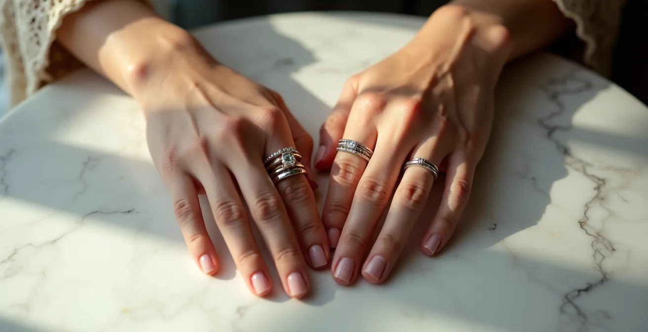 Elegante Frauenhände zeigen asymmetrisches Ring Stacking mit Verlobungsring links und Ehering rechts