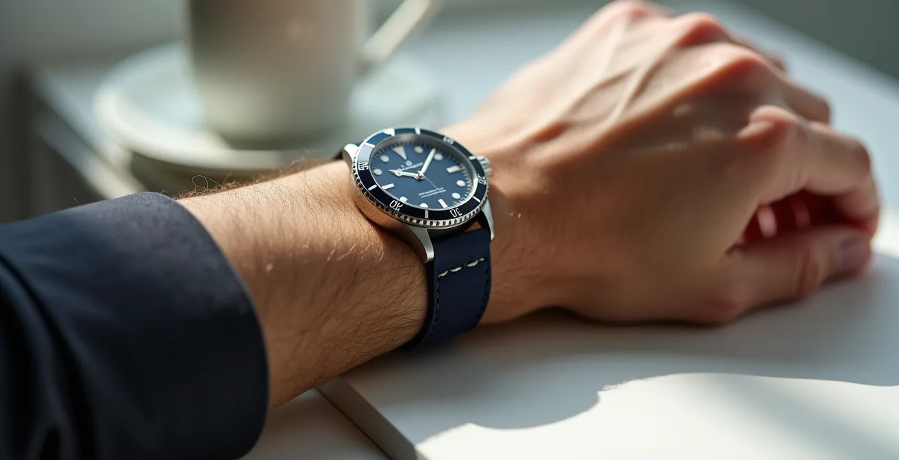 Nahaufnahme eines Handgelenks mit perfekt sitzender Automatikuhr aus verschiedenen Winkeln, die die ideale Proportion zwischen Uhr und Arm zeigt.