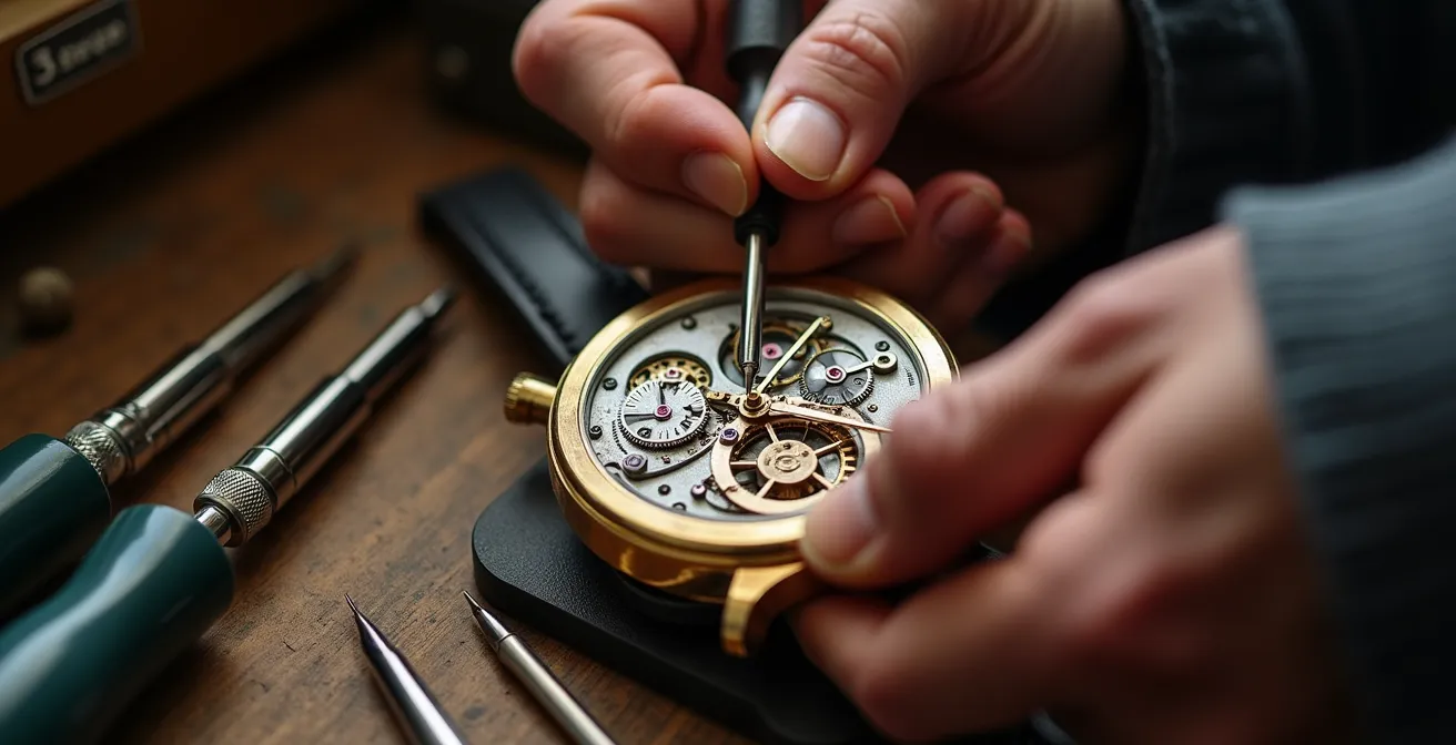 Uhrmacherwerkstatt mit den Händen eines Experten, der eine geöffnete Automatikuhr für eine professionelle Revision präzise justiert.