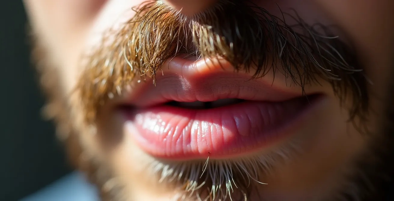 Makroaufnahme von gepflegtem Bart mit gesunder Haut darunter, die den Kontrast zwischen Problemzone und Lösung zeigt