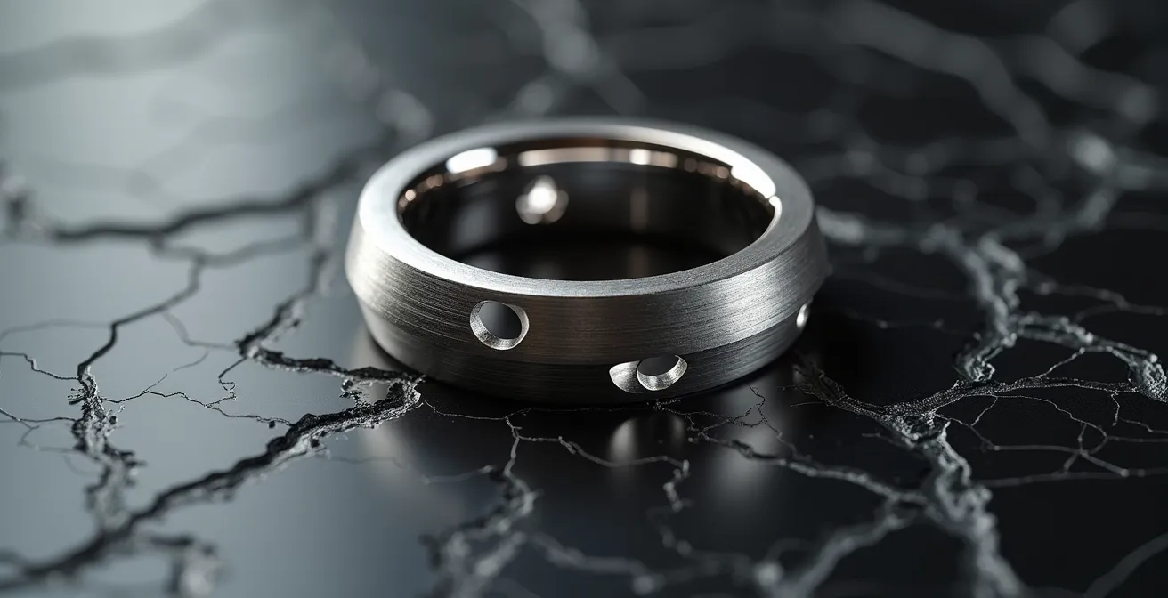 Makroaufnahme eines minimalistischen Rings mit Bauhaus-inspirierten geometrischen Linien