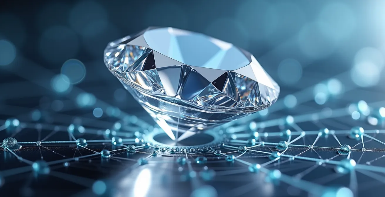 Makroaufnahme eines Diamanten mit digitalen Blockchain-Strukturen, die seine Echtheit symbolisieren