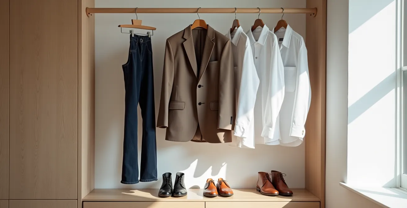 Minimalistische Garderobe mit 10 essentiellen Kleidungsstücken für den deutschen Geschäftsmann, ordentlich arrangiert