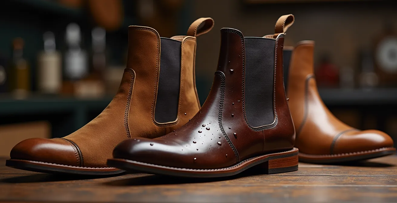 Elegante Gegenüberstellung von Glattleder und Wildleder Chelsea Boots