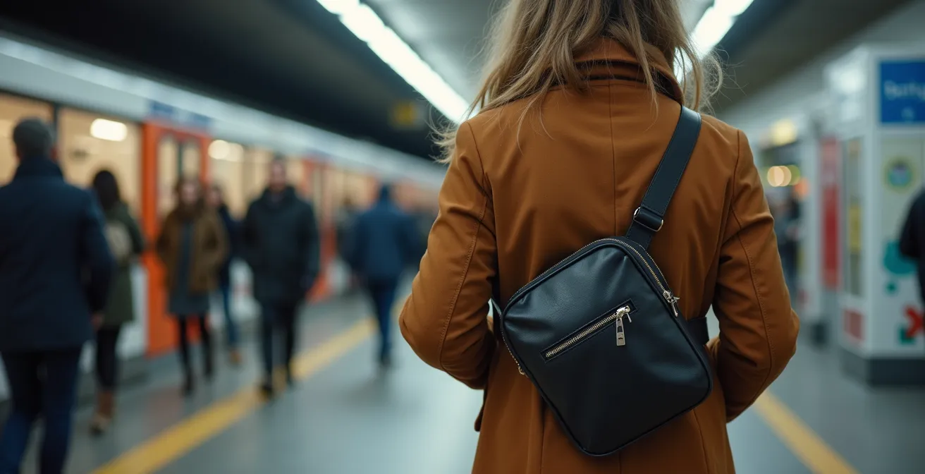 Nahaufnahme einer ergonomischen Crossbody-Tasche mit durchdachten Fächern