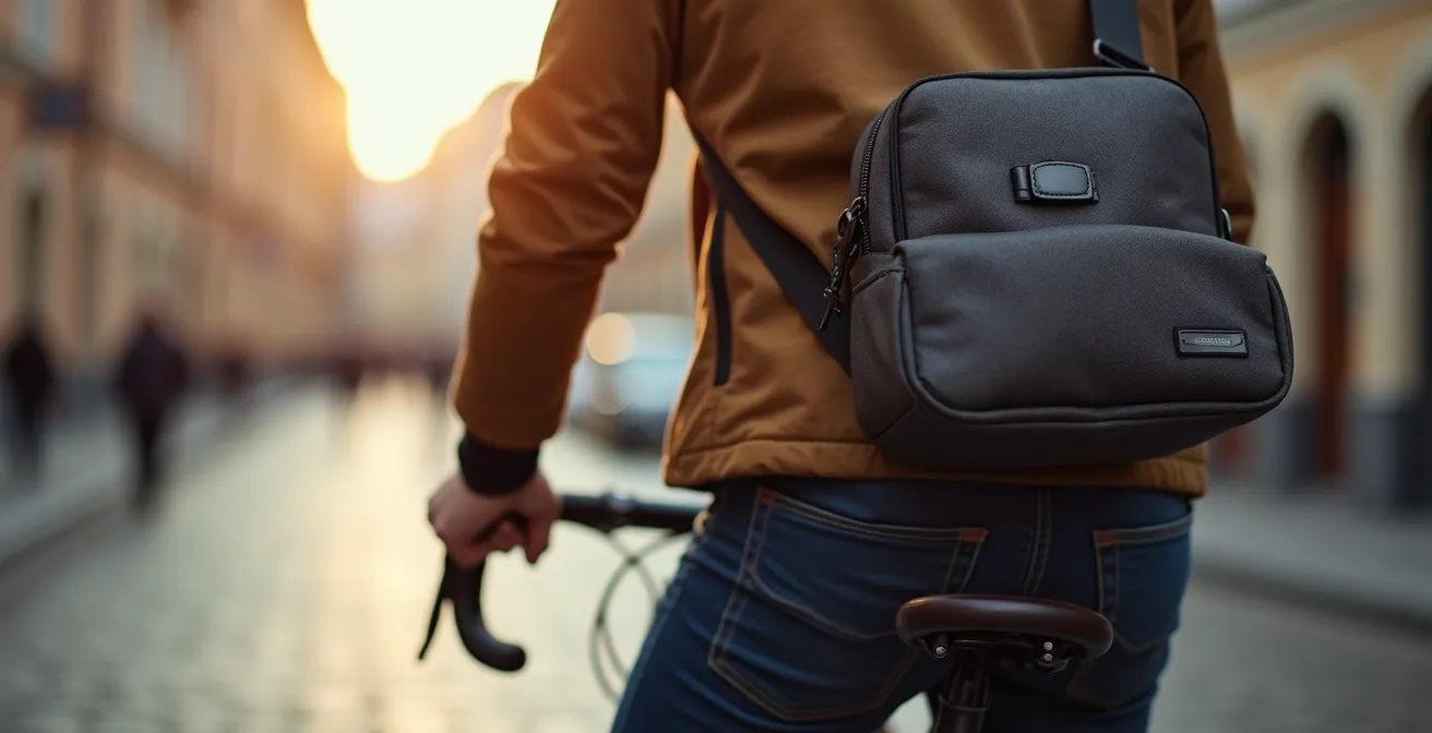 Moderne Crossbody-Tasche an einer Fahrradlenkstange in einer urbanen deutschen Stadt, die Freiheit und Praktikabilität symbolisiert.