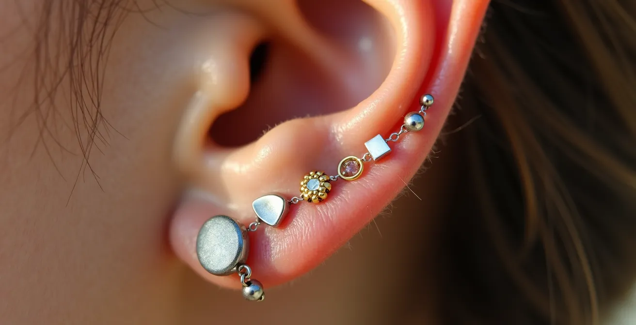 Makroaufnahme eines perfekt kuratierten Ohrs mit verschiedenen Piercings