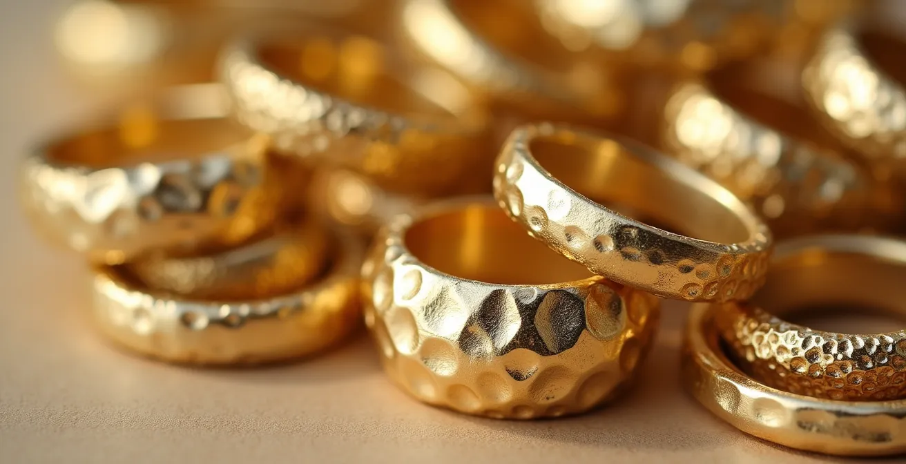 Nahaufnahme von vergoldeten Schmuckstücken mit unterschiedlichen Texturen und Oberflächen