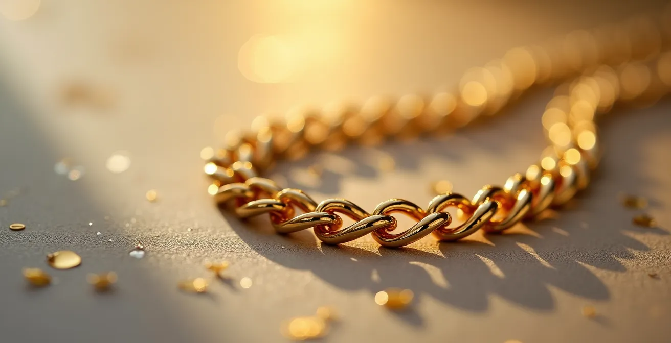 Makroaufnahme von Demi-Fine Schmuck mit Goldvermeil-Beschichtung, die die Textur der Oberfläche zeigt