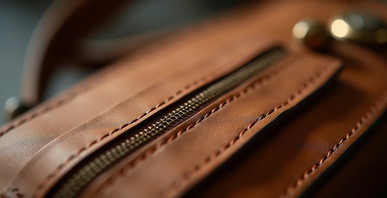 Detailaufnahme handgefertigter Ledertasche mit sichtbarer Sattlernaht