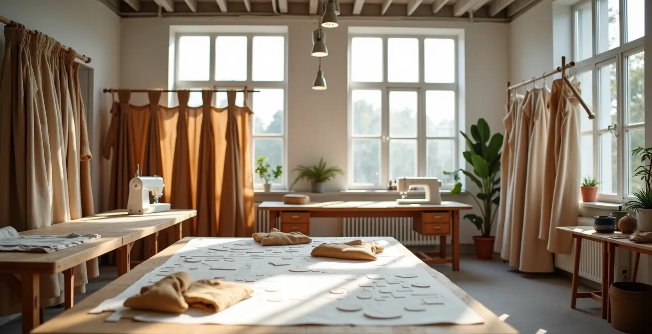 Weitwinkelaufnahme eines deutschen Modeateliers mit nachhaltigen Materialien und traditionellem Handwerk