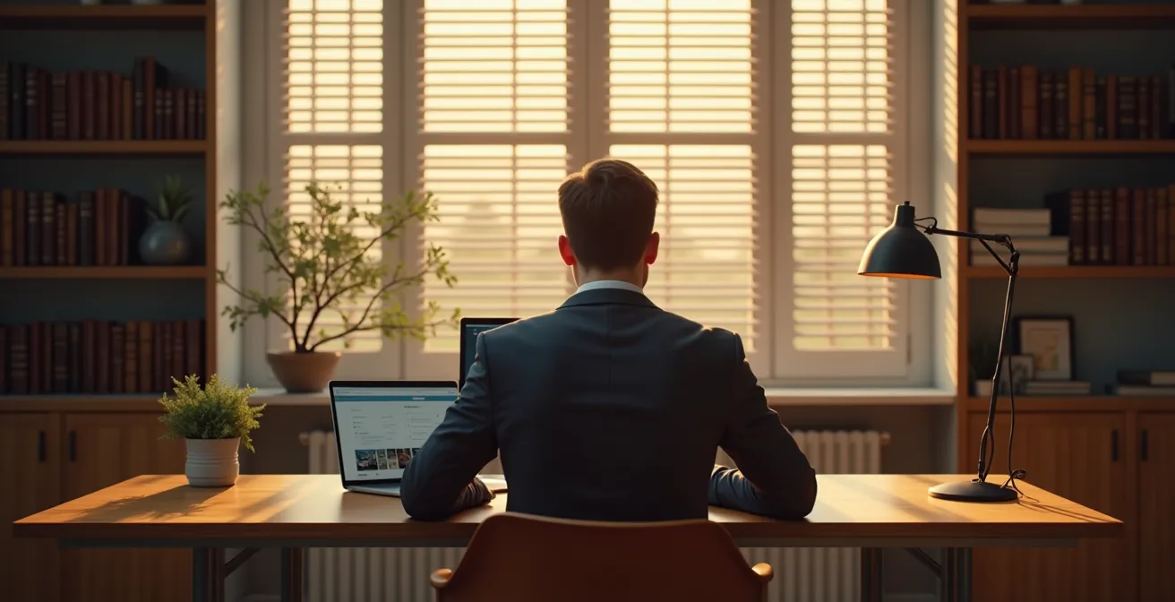 Professioneller Geschäftsmann in Videocall mit aufgeräumtem Hintergrund