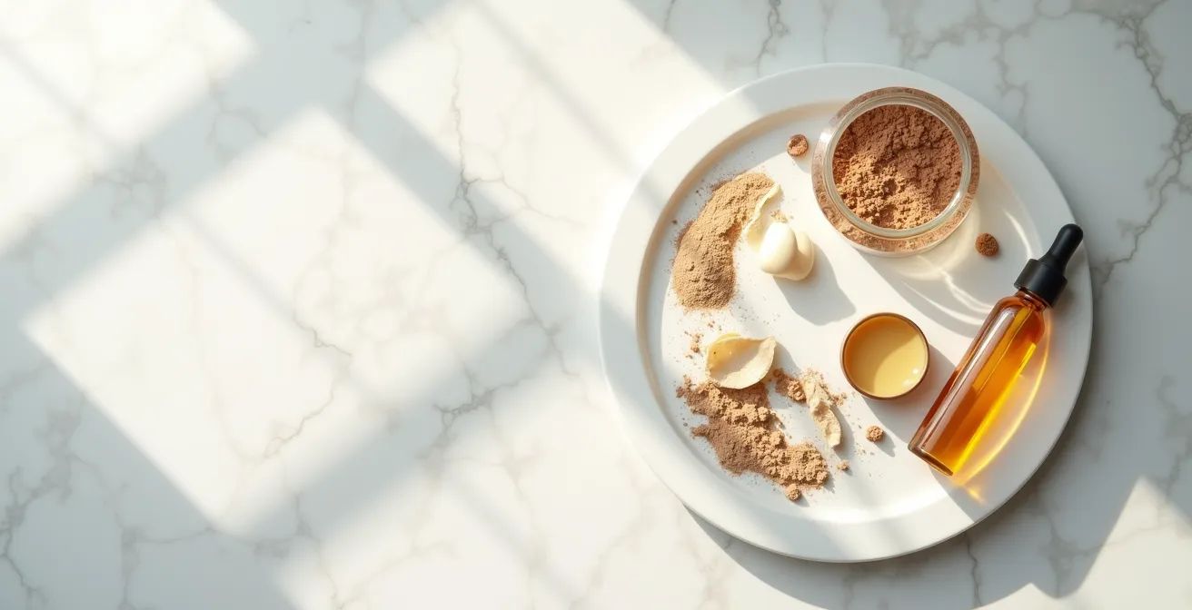 Stilvolle Darstellung verschiedener Parfum-Layering-Techniken mit unterschiedlichen Texturen