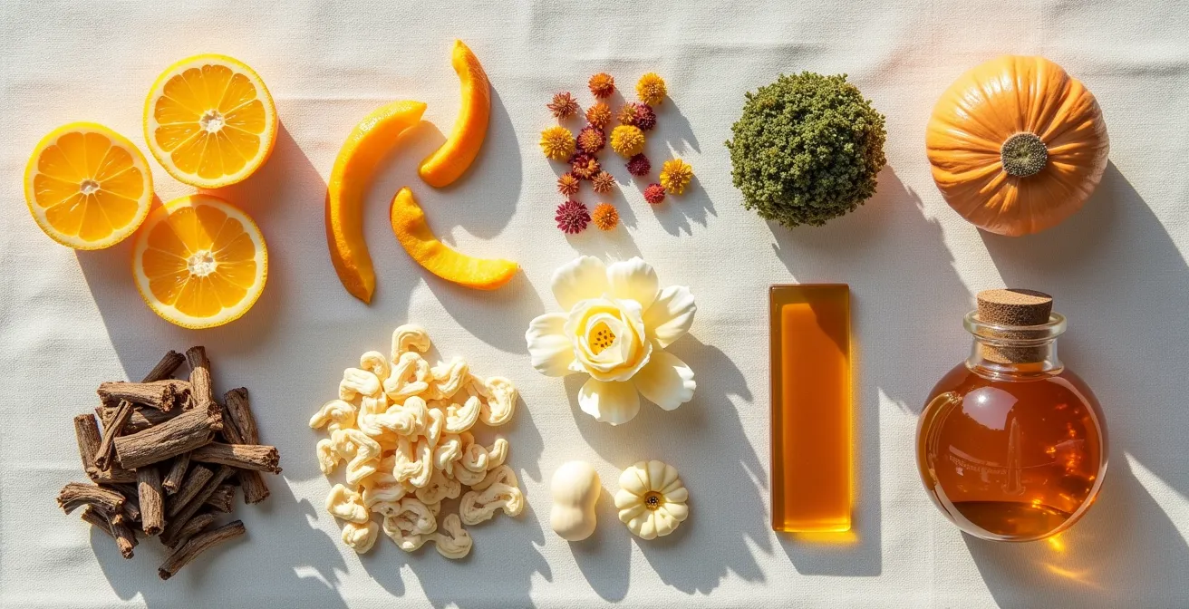 Abstrakte visuelle Darstellung verschiedener Duftfamilien durch Naturmaterialien