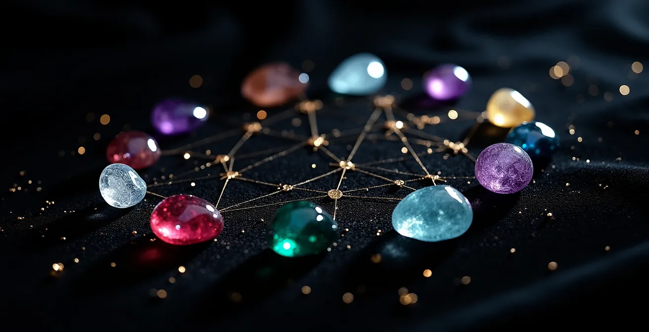 Makroaufnahme verschiedener Edelsteine in Sternzeichenfarben auf schwarzem Samt arrangiert