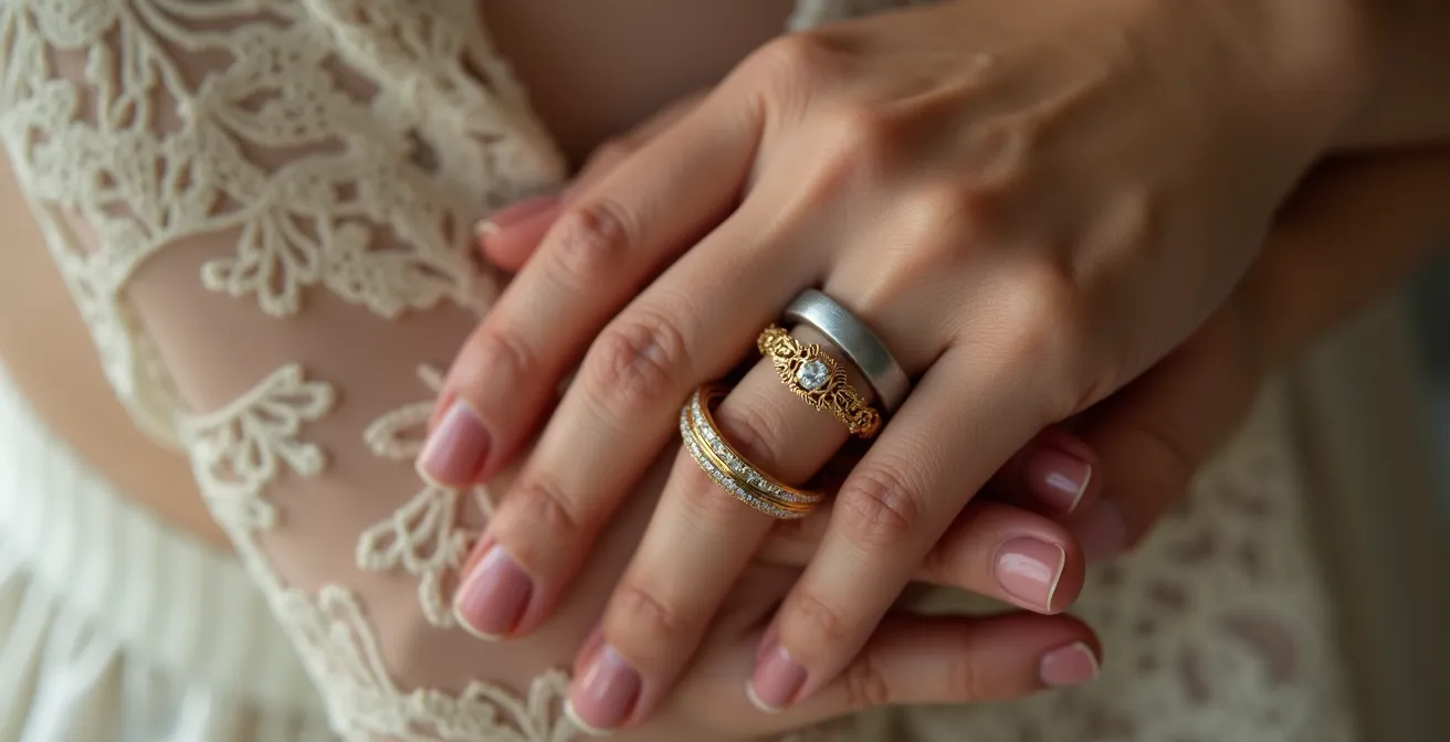 Elegante Frauenhand zeigt bewussten Kontrast zwischen mattem modernen Ehering und antikem Gelbgold-Verlobungsring