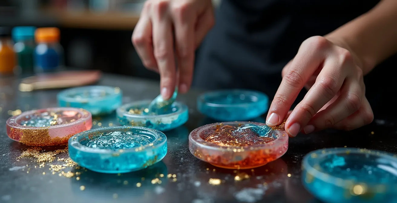 Künstlerische Darstellung verschiedener Färbetechniken mit irisierenden Pigmenten im Epoxidharz