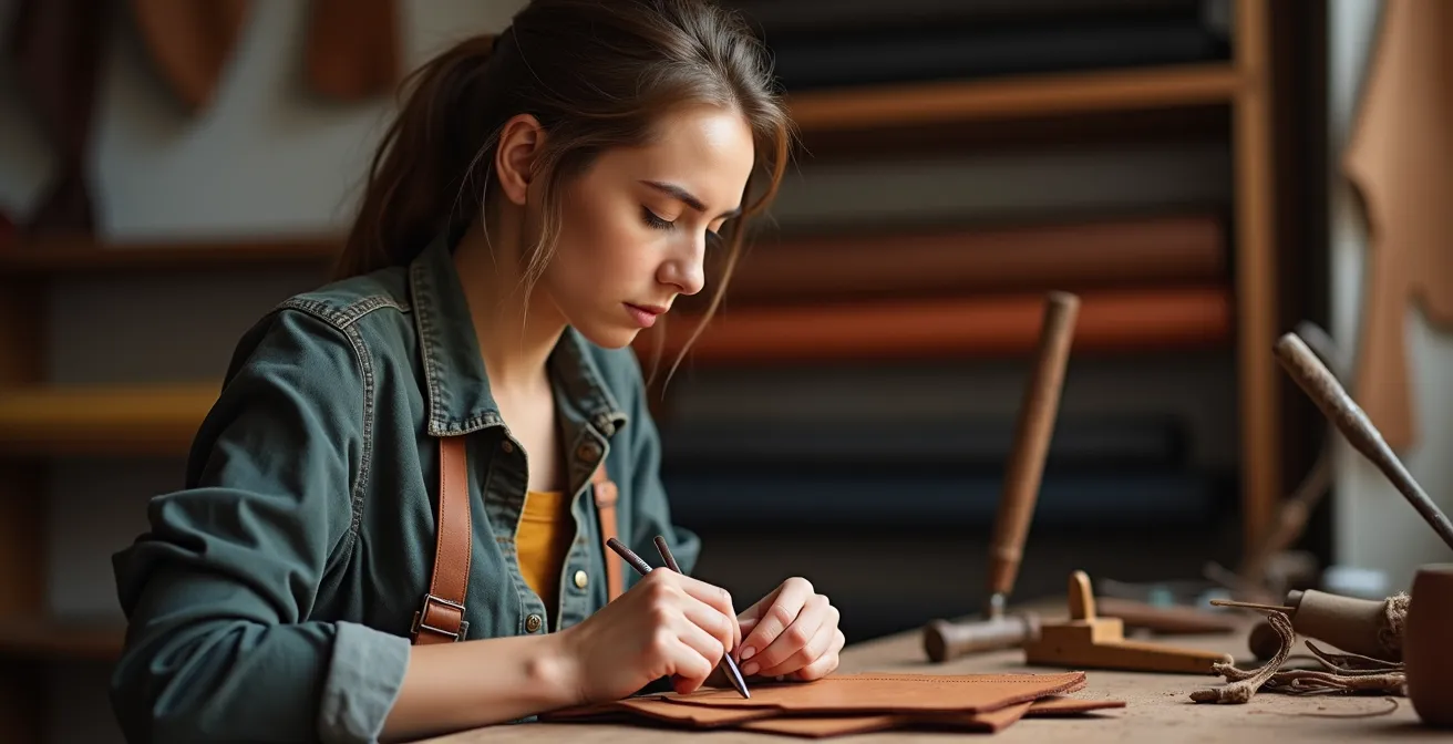 Junge Feintäschnerin bei der traditionellen Lederverarbeitung in ihrer Werkstatt