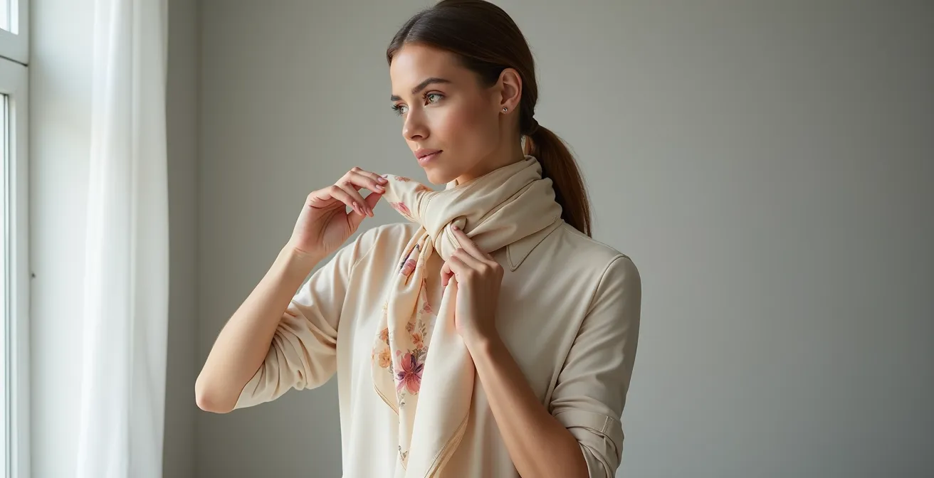 Fünf verschiedene Arten einen Seidenschal zu binden, elegant demonstriert an einem Model.