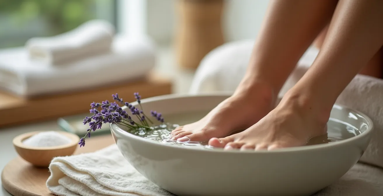 Nahaufnahme von gepflegten Füßen in einem entspannenden Fußbad mit Kräutern nach einem langen Tag