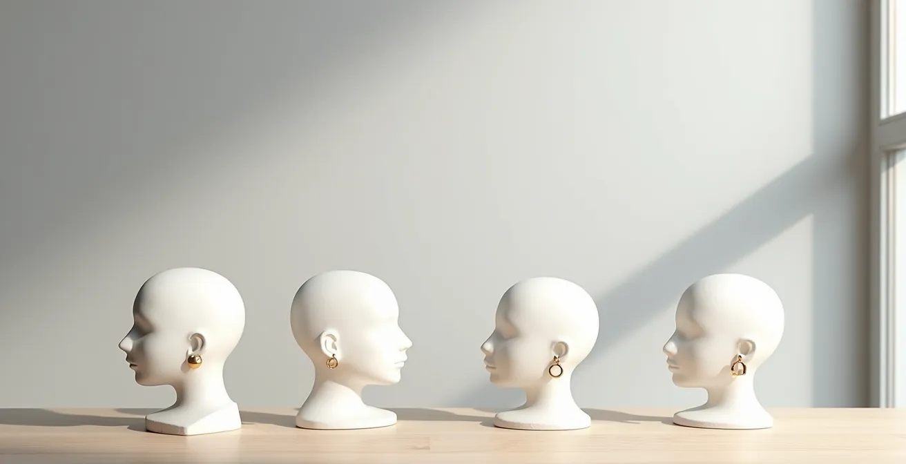 Verschiedene Gesichtsformen mit passenden Ohrring-Stilen in einer eleganten Darstellung