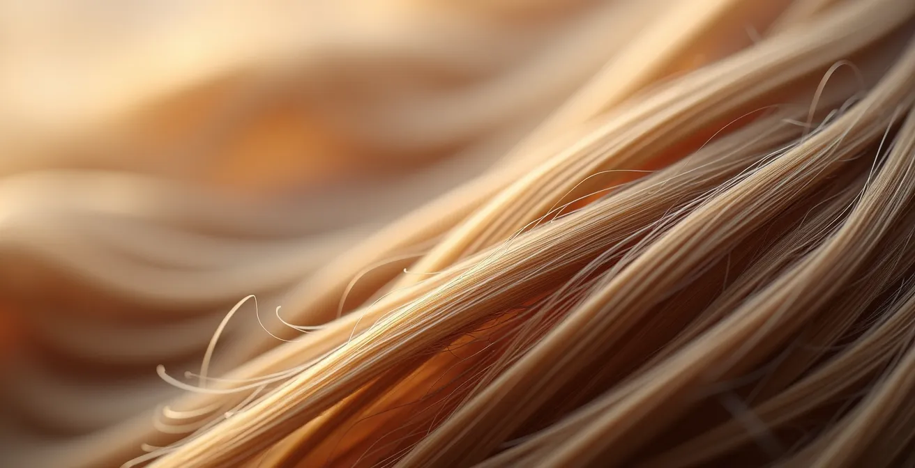 Mikroskopische Ansicht der Haarstruktur mit geöffneten und geschlossenen Schuppenschichten, ähnlich wie Dachziegel.