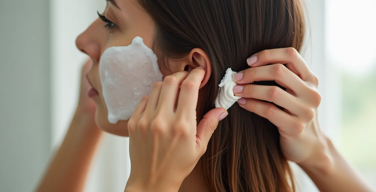 Frauenhände verteilen eine cremige Haarmaske sanft in den mittleren Längen und Spitzen von nassem, dunklem Haar.
