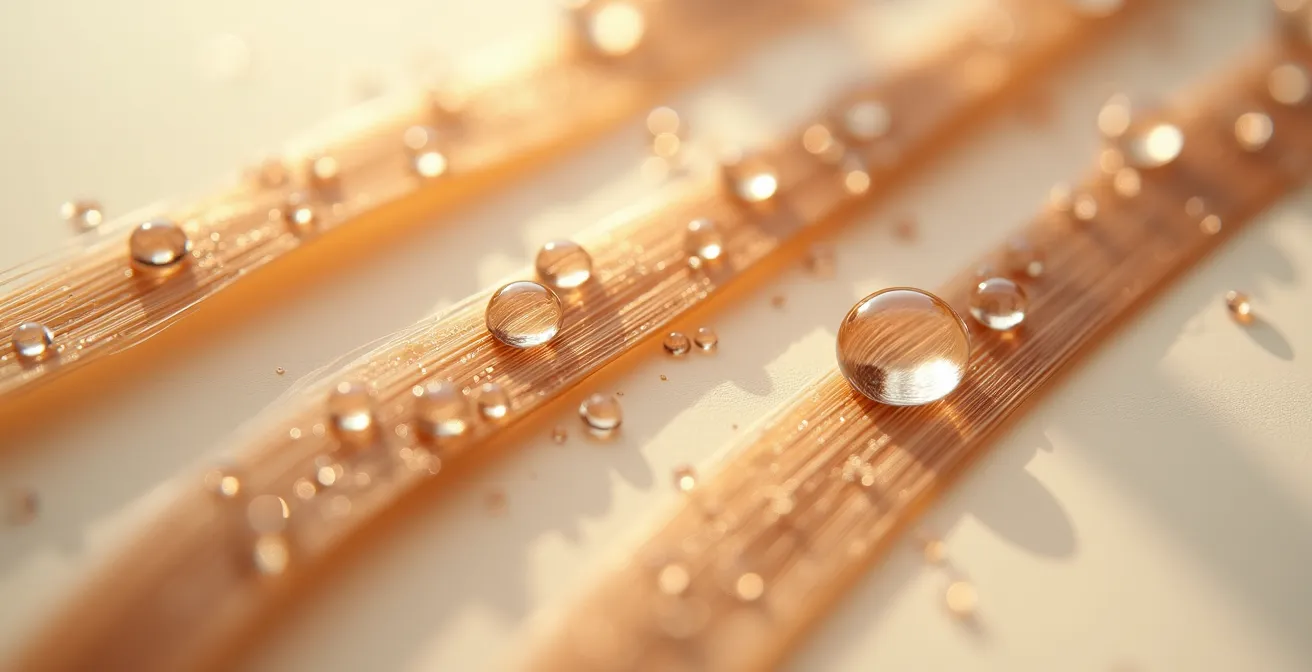 Makroaufnahme von Wassertropfen auf verschiedenen Haarsträhnen, die unterschiedliche Porositätsgrade zeigen