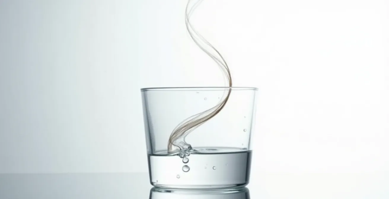 Makroaufnahme eines einzelnen Haares im Wasserglas während des Porositätstests