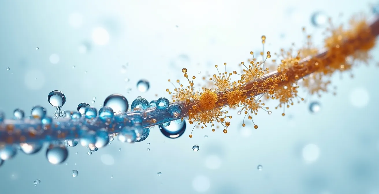 Mikroskopische Ansicht der Haarstruktur mit Protein- und Feuchtigkeitsmolekülen