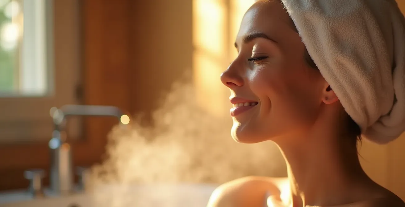 Eine Person mit geschlossenen Augen und einem entspannten Lächeln trägt einen weißen Handtuchturban, aus dem sanfter Dampf aufsteigt, was eine intensive Haarpflegebehandlung andeutet.
