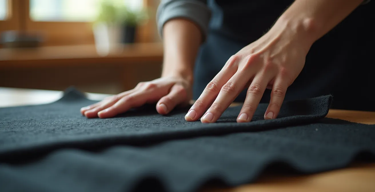 Eine Hand streicht sanft über die Textur eines hochwertigen Wollstoffs und symbolisiert die Bedeutung der Haptik.