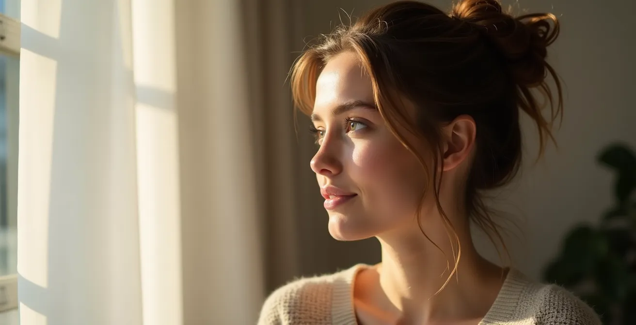 Eine Frau mit einem natürlichen deutschen Beauty-Look, der durch minimalistisches Make-up und eine mühelose Frisur gekennzeichnet ist.