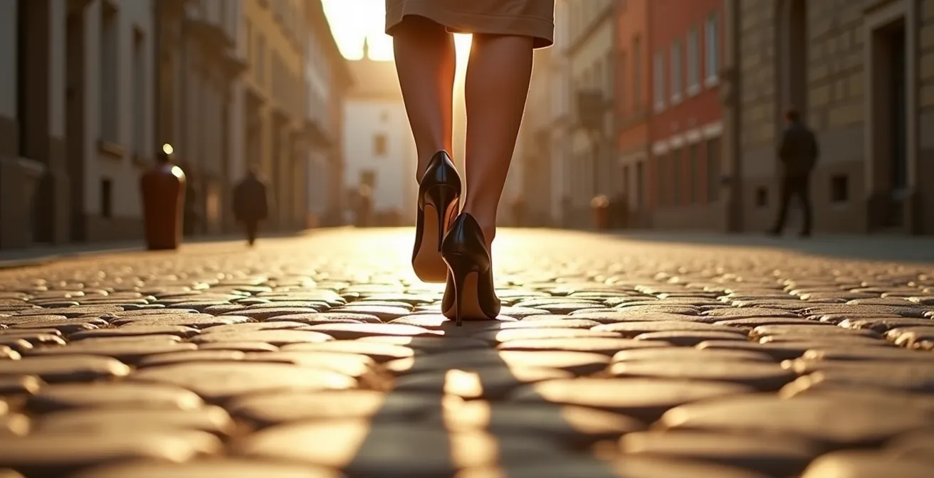 Frauenfüße in eleganten Pumps navigieren über historisches Kopfsteinpflaster bei goldenem Abendlicht