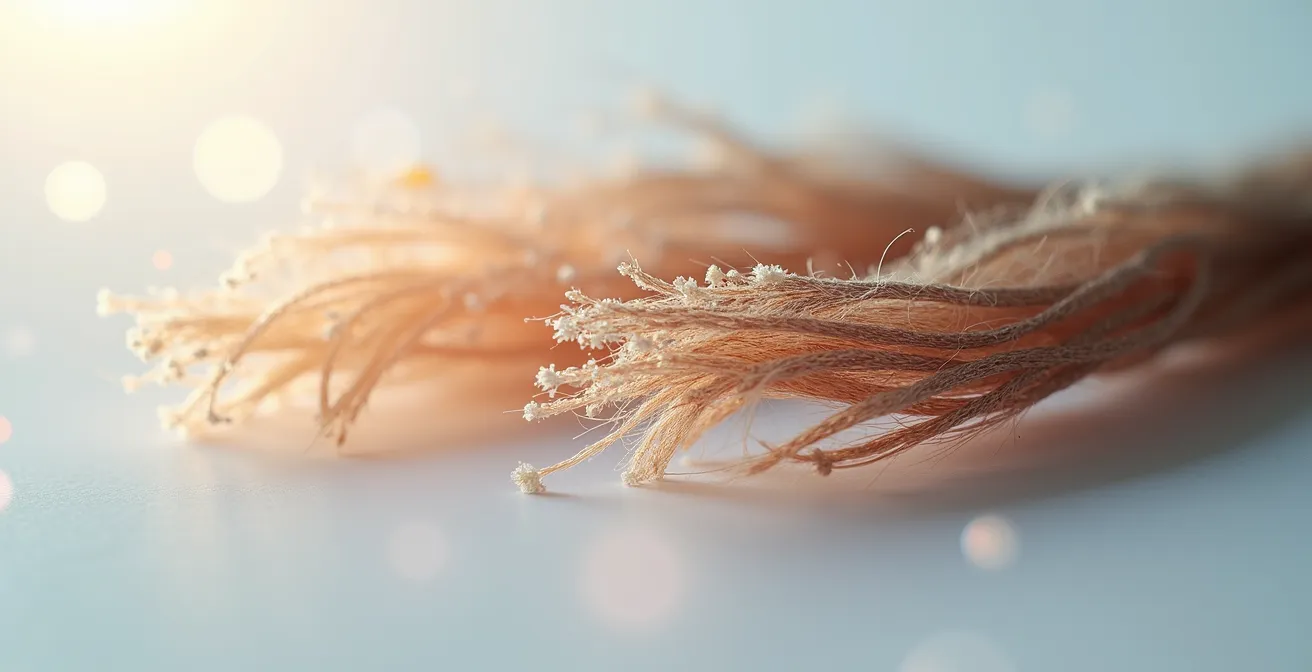 Makroaufnahme von Haarstruktur, die den Unterschied zwischen gesundem Haar und hitzegeschädigtem Haar mit aufgerauter Schuppenschicht zeigt.