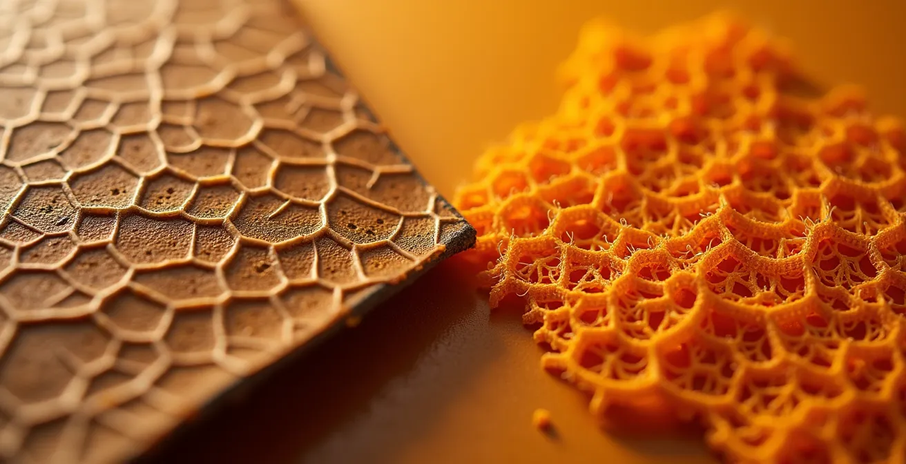 Makroaufnahme von Pilzleder und Orangenfasern mit sichtbarer Textur