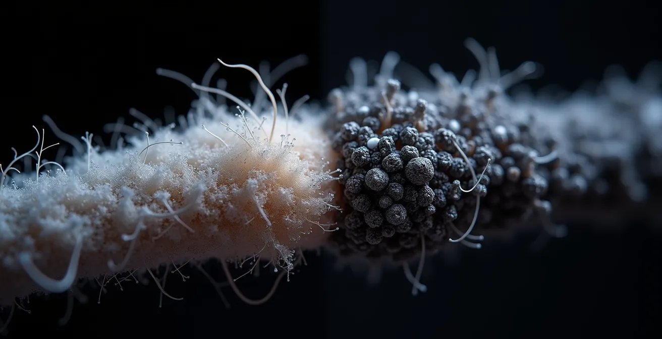 Mikroskopische Ansicht von Haarfasern mit und ohne Kalkablagerungen im Vergleich