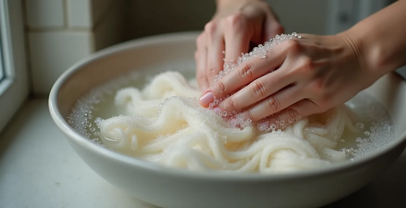 Nahaufnahme von Händen, die Kaschmir vorsichtig in lauwarmem Wasser waschen