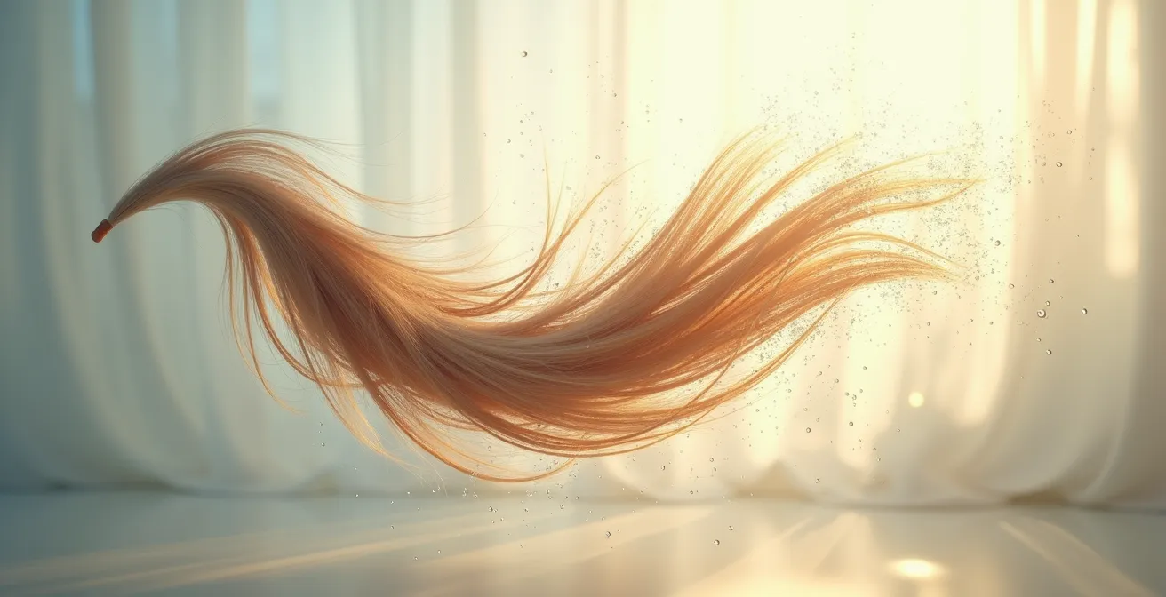Nahaufnahme von geschützten Haarsträhnen, umgeben von einem unsichtbaren Schutzfilm, der sie vor Umwelteinflüssen abschirmt.