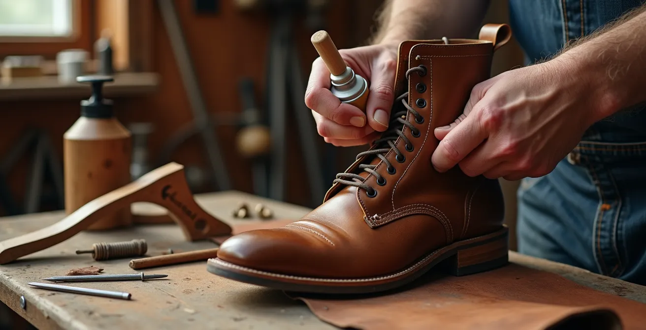 Werkzeuge zum Stiefelweiten arrangiert auf Holzwerkbank