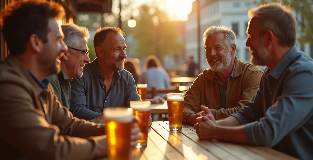 Moderne Männerfreundschaft: Gruppe von Männern verschiedenen Alters beim gemeinsamen Gespräch