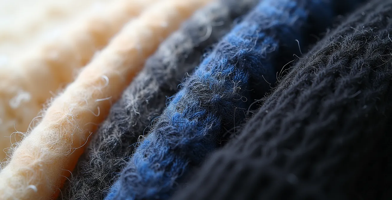 Makroaufnahme verschiedener Mützenmaterialien zeigt Faserstrukturen von Wolle, Kaschmir und Synthetik