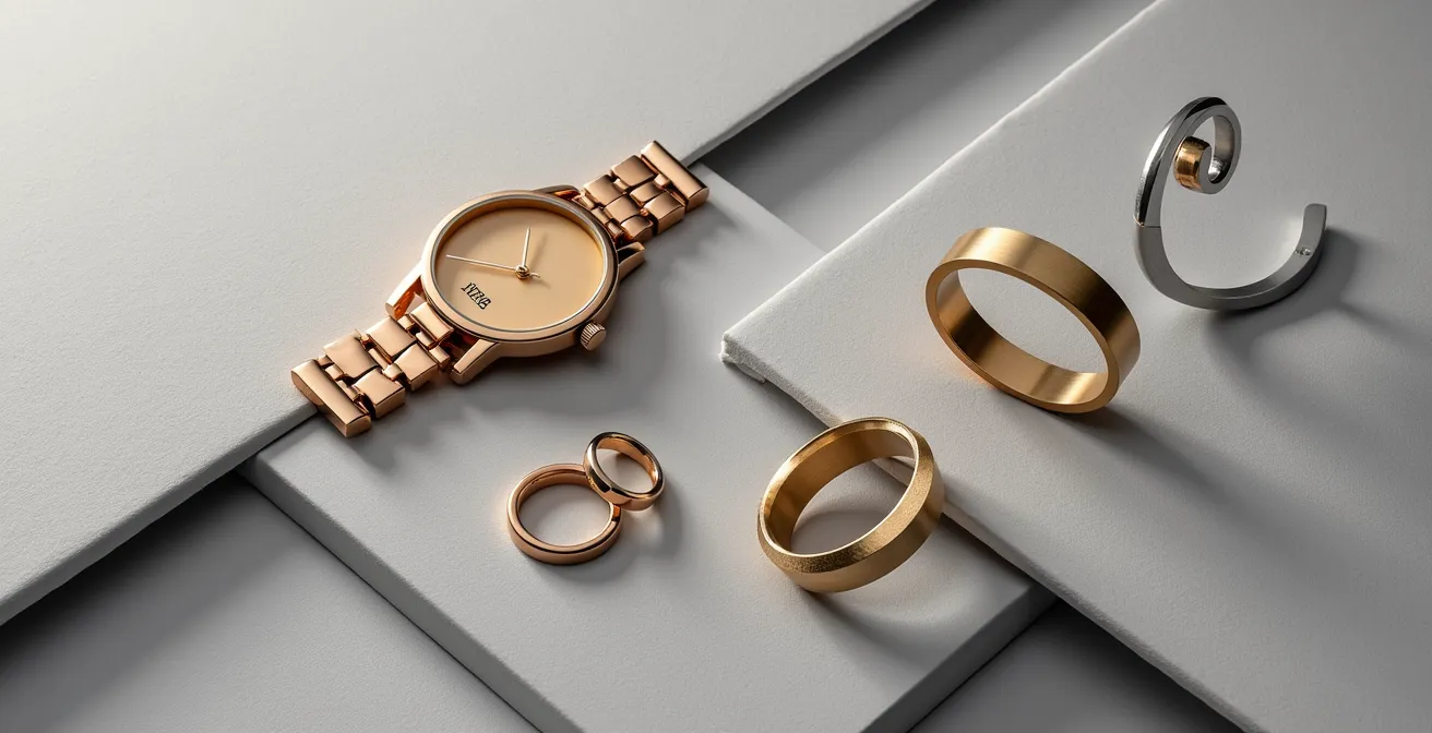 Kunstvolle Anordnung von Gold-, Silber- und Roségold-Schmuckstücken im Bauhaus-Stil