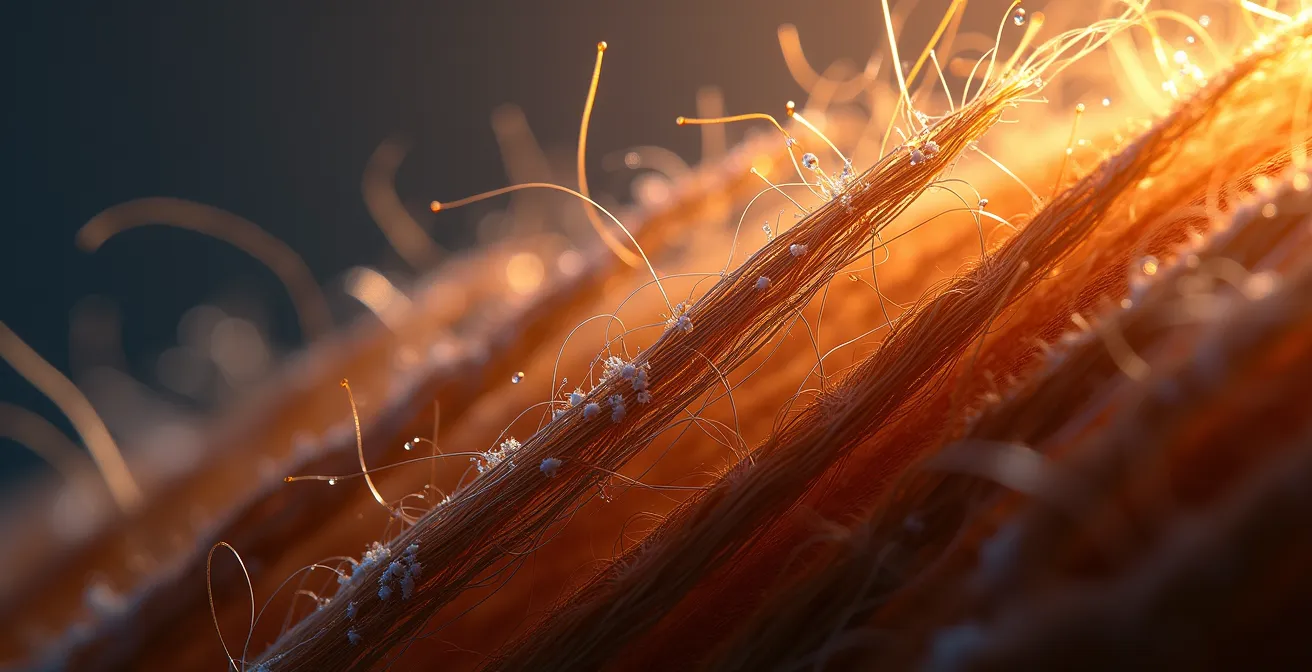 Makroaufnahme von Haarstruktur unter Hitzeeinwirkung, die den Unterschied zwischen gesunden und geschädigten Haarfasern zeigt.