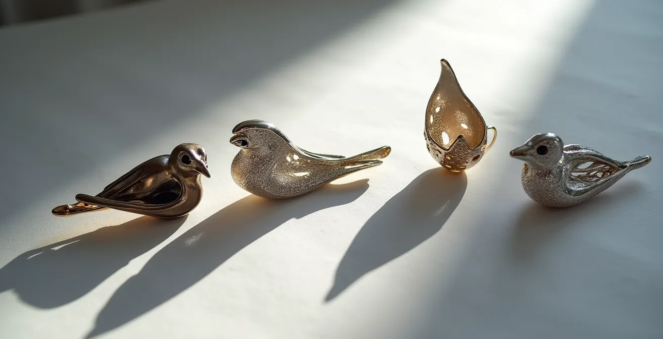 Arrangement moderner Broschen-Interpretationen auf neutralem Hintergrund