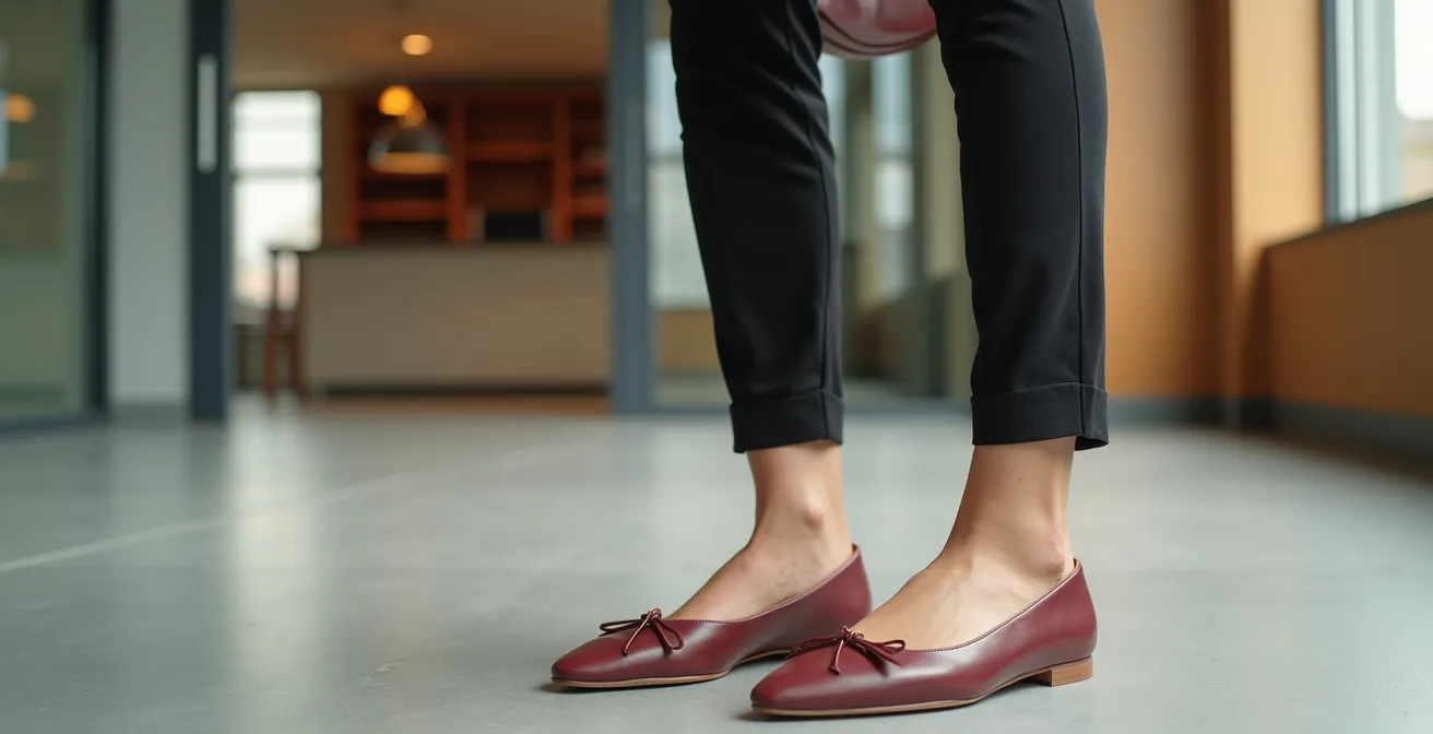 Stilvolle Kombination von Ballerinas mit Businesskleidung in deutschem Büroumfeld