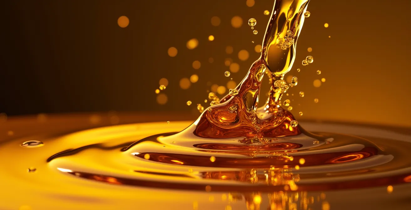 Eine abstrakte Nahaufnahme von verschiedenen goldenen, bernsteinfarbenen und klaren Öltropfen, die ineinanderfließen und die Vielfalt natürlicher Öle für die Haarpflege symbolisieren.