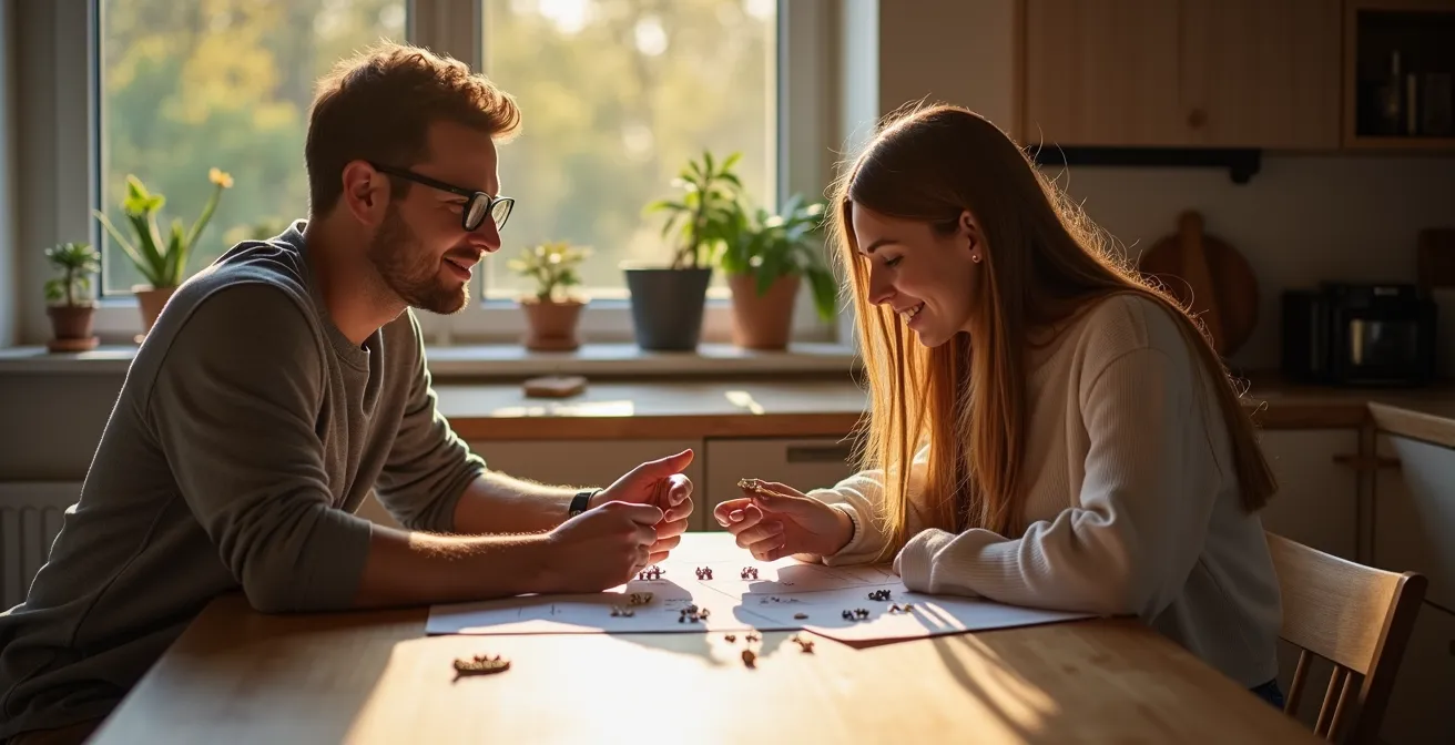 Paar sitzt zusammen am Holztisch mit Notizbuch und betrachtet verschiedene Ringe in einer gemütlichen deutschen Wohnzimmeratmosphäre
