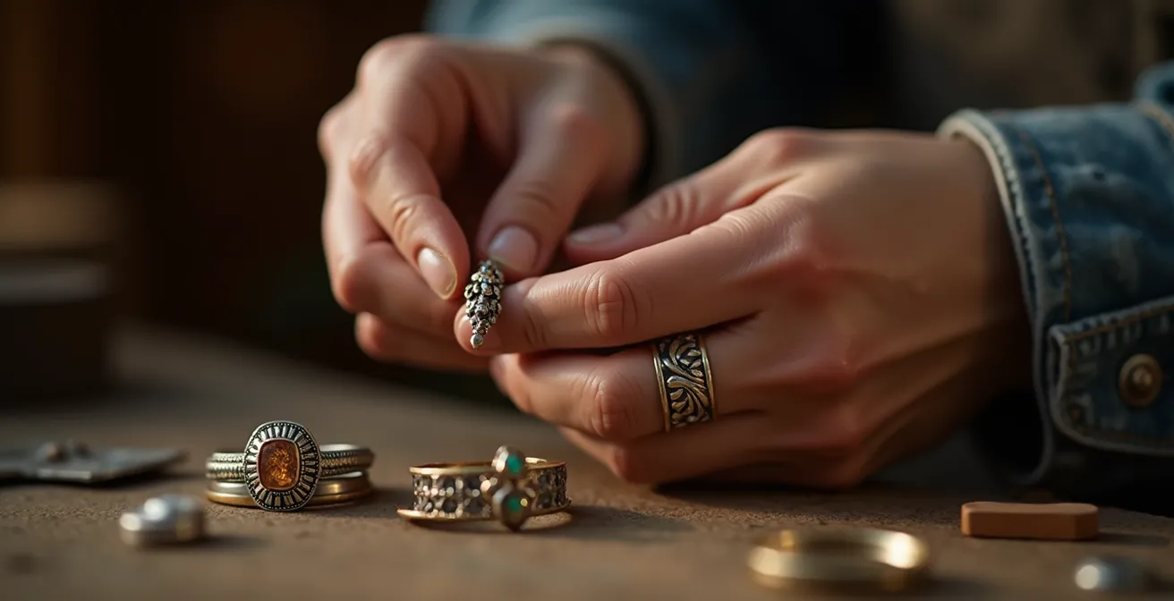 Handwerkskunst bei der Umarbeitung von Familienschmuck in moderne Designs, die Tradition und Moderne verbindet.